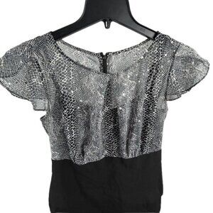 AGB Cocktail Bodycon Dress 12 Puffy Short Sleeve Sequin Snake Skin Black White